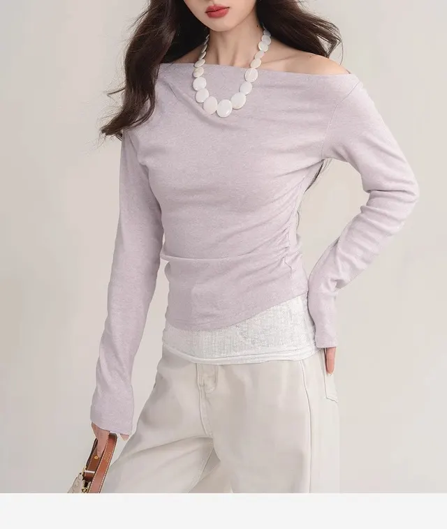 Women's Fake Two piece Lace Off shoulder Long sleeved T shirt Purple - Shop at LoveMi