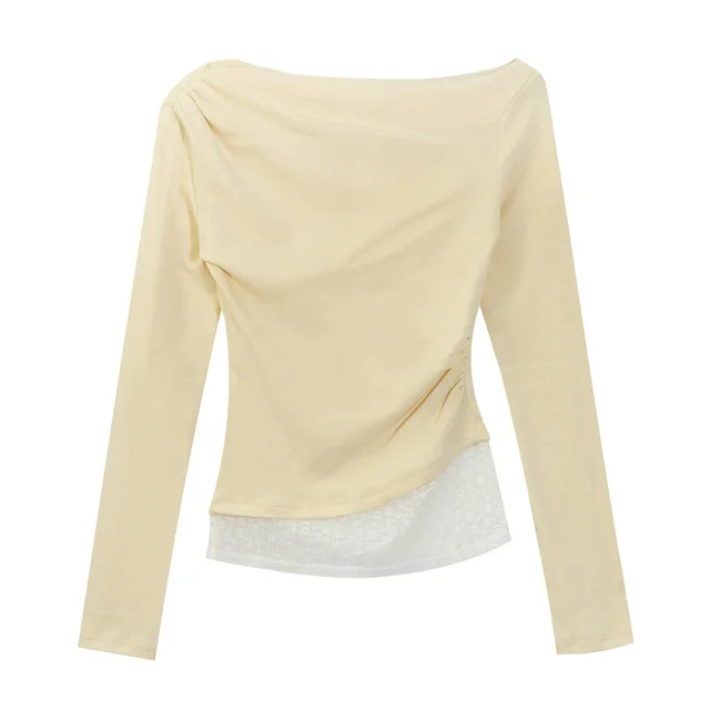 Women's Fake Two piece Lace Off shoulder Long sleeved T shirt Yellow - Shop at LoveMi