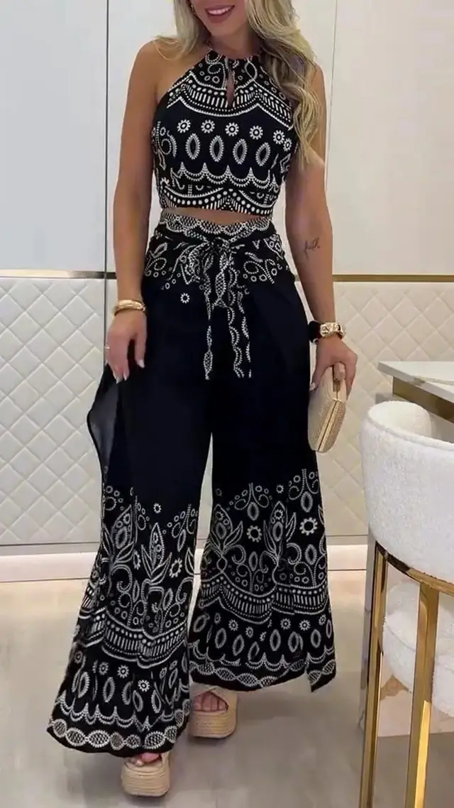 Ethnic Style Halter Top Wide Leg Pants Suit Black - Shop at LoveMi