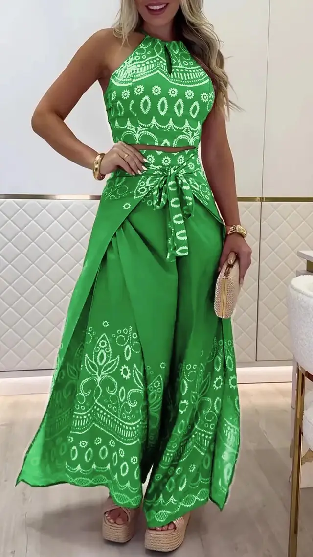 Ethnic Style Halter Top Wide Leg Pants Suit Green - Shop at LoveMi