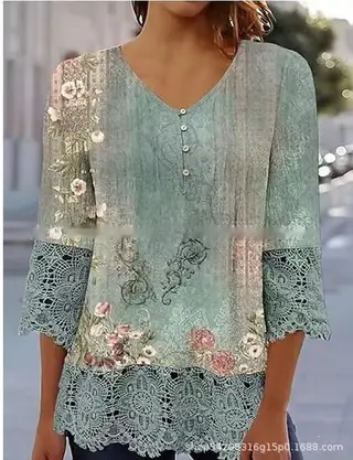 Casual Lace Printed Lace Button Top - Green