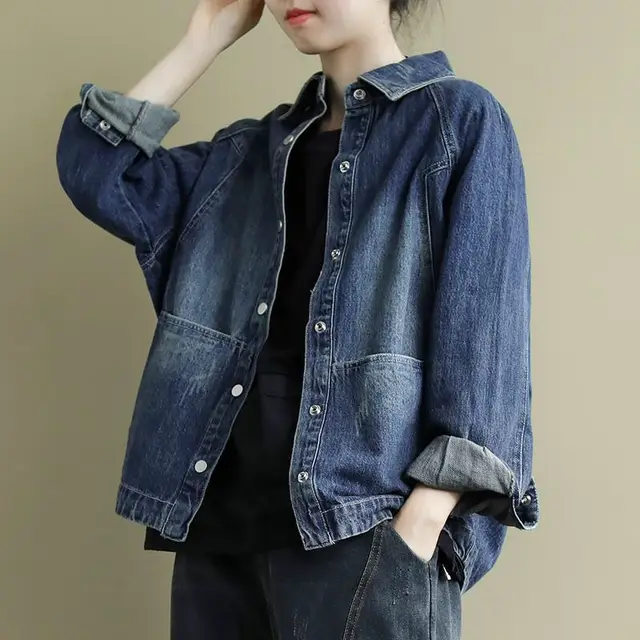 Simple Plus Size Loose Artistic Long Sleeve Coat Blue - Shop at LoveMi