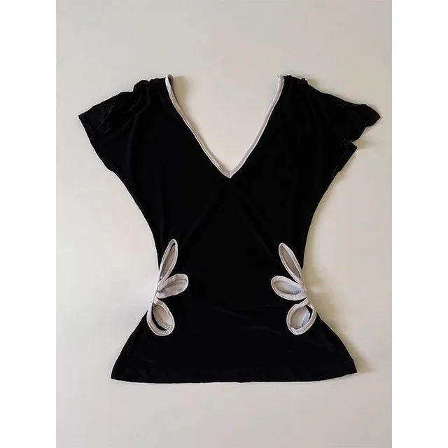 American Retro Collar Hollow Out Sleeveless Shirt WomenDesign Waist controlled Top Black - Shop at LoveMi