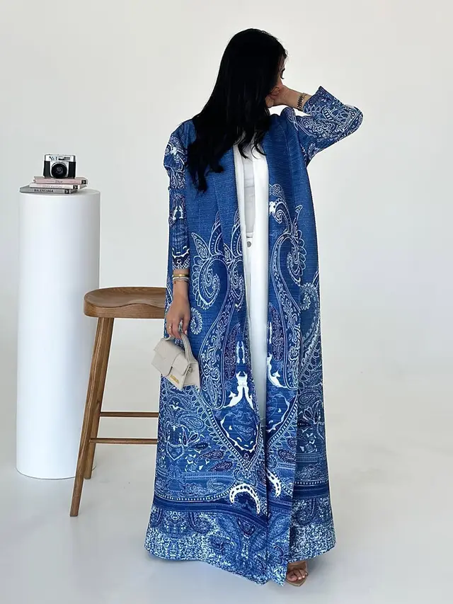 Pleated Print Cardigan Long Coat Arabic Robe Plus Size Blue - Shop at LoveMi