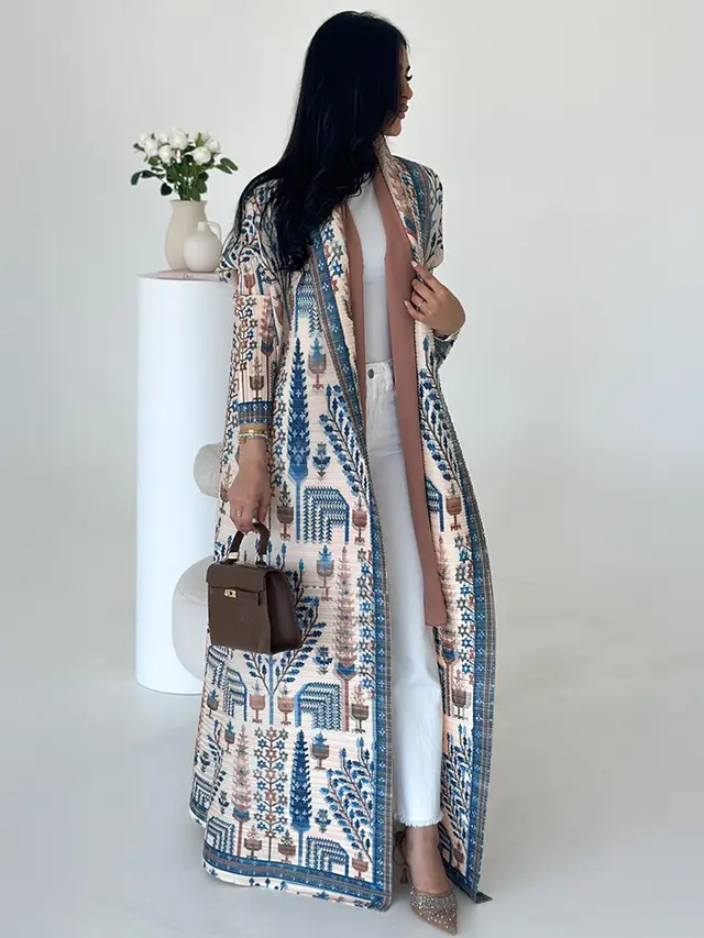 Pleated Print Cardigan Long Coat Arabic Robe Plus Size Light Blue - Shop at LoveMi