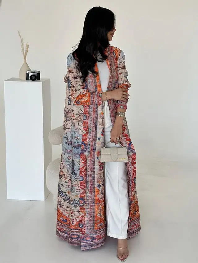 Pleated Print Cardigan Long Coat Arabic Robe Plus Size Red - Shop at LoveMi
