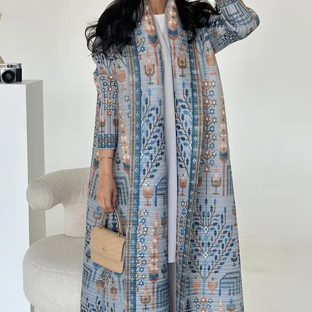 Pleated Print Cardigan Long Coat Arabic Robe Plus Size Style12 - Shop at LoveMi