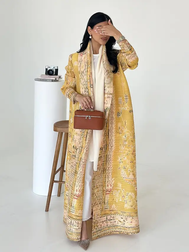 Pleated Print Cardigan Long Coat Arabic Robe Plus Size Yellow - Shop at LoveMi