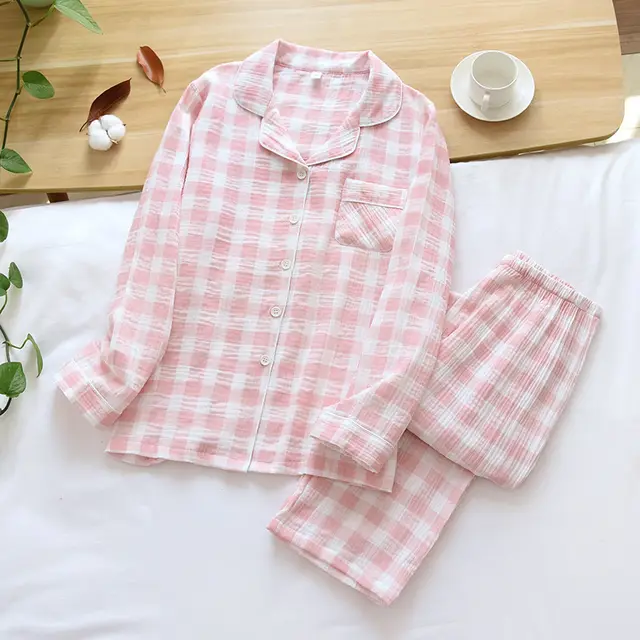 Cotton Washed Cotton Gauze Thin Section Plus Size Homewear Suit Pink Crepe Suit Women - Shop at LoveMi