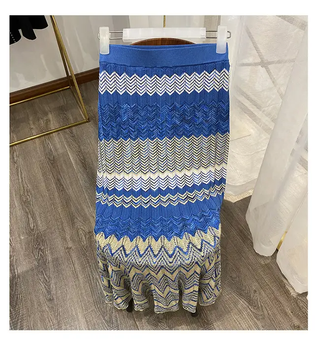 V neck Color block Wave Striped Sweater Pleated Mid length Dress Set Skirt - Shop at LoveMi