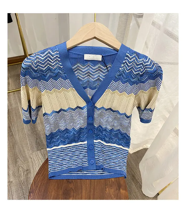 V neck Color block Wave Striped Sweater Pleated Mid length Dress Set Top - Shop at LoveMi