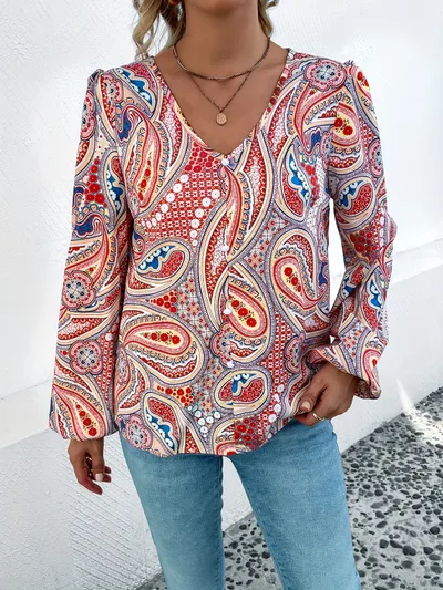 Women's Fashion Full Paisley Pattern Long Sleeve Blouse Color - Shop at LoveMi