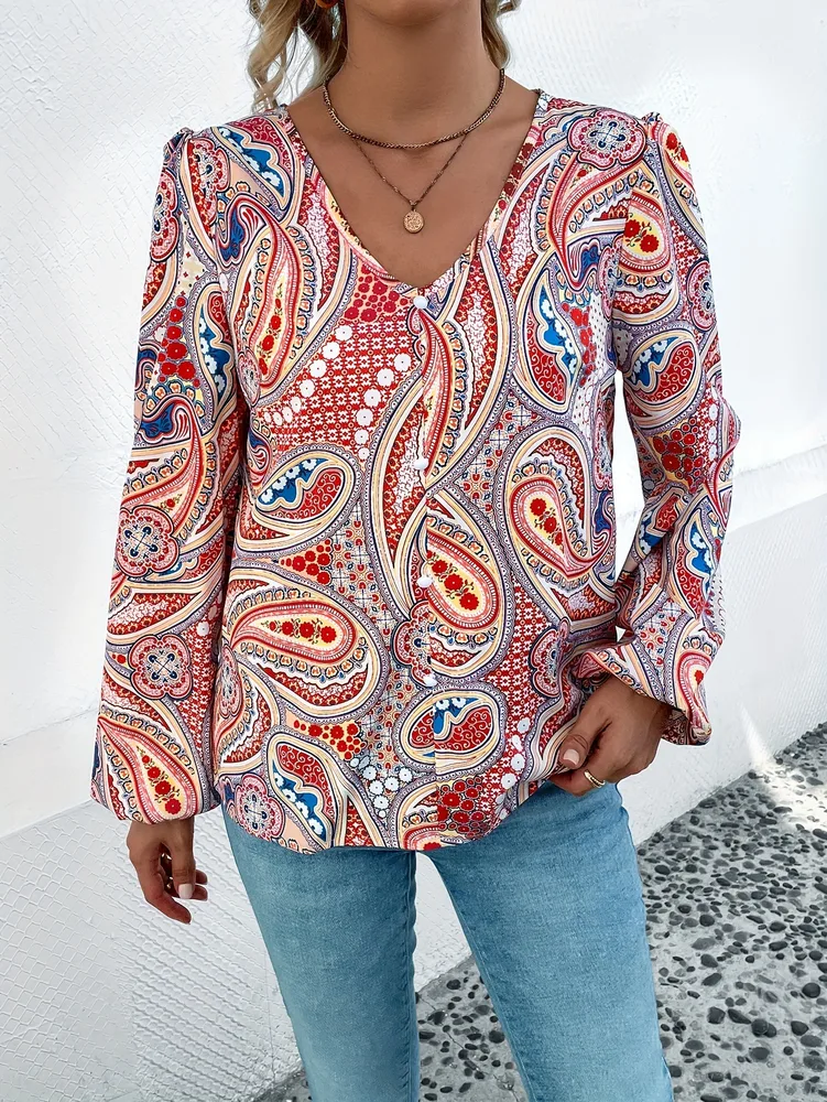 Women's Fashion Full Paisley Pattern Long Sleeve Blouse - Colour