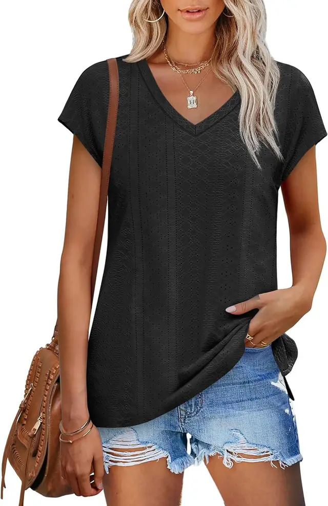 V neck Slit Loose Sleeve Hollow Jacquard Short Sleeve Black - Shop at LoveMi