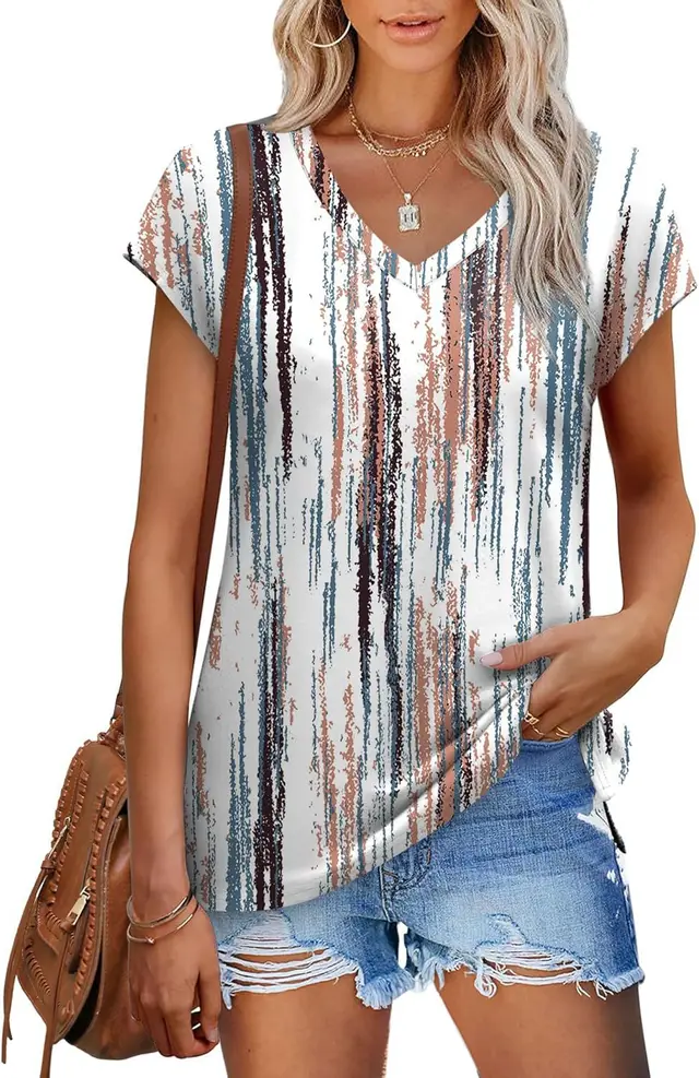 V neck Slit Loose Sleeve Hollow Jacquard Short Sleeve Pattern 1 - Shop at LoveMi