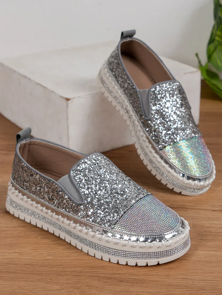 Thick Bottom Flat Loafers Rhinestone Silver - Shop at LoveMi