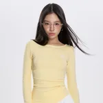 Early Spring Round Neck Pleated All-match Long-sleeved T-shirt - Yellow