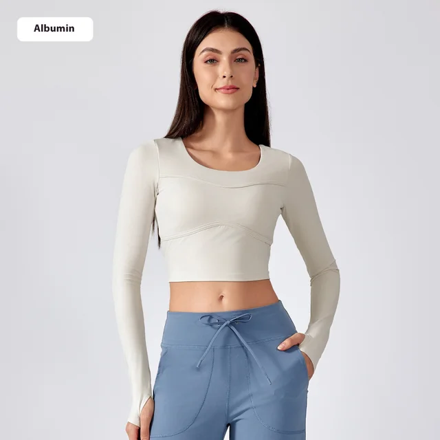Women's Solid Color Short Yoga Clothes With Chest Pad Long Sleeves Albumin - Shop at LoveMi