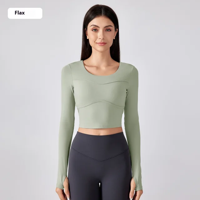 Women's Solid Color Short Yoga Clothes With Chest Pad Long Sleeves Linen - Shop at LoveMi