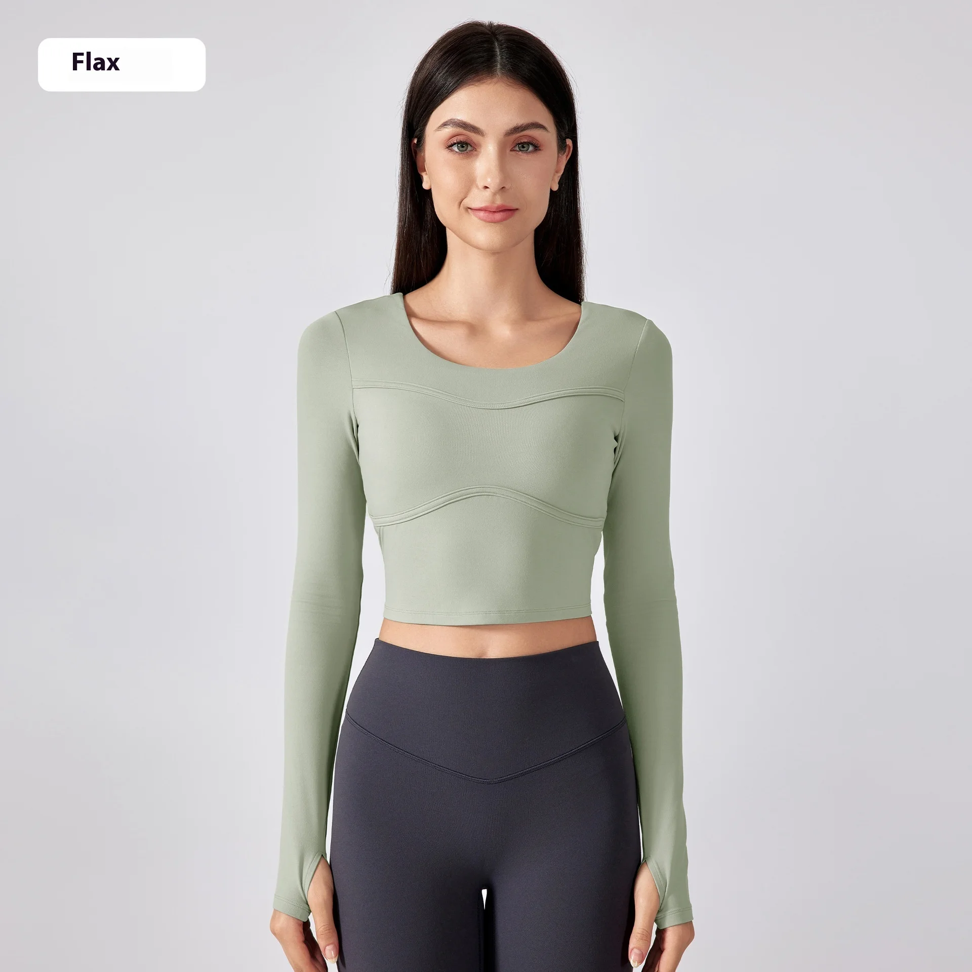 Women's Solid Color Short Yoga Clothes With Chest Pad Long Sleeves - Linen