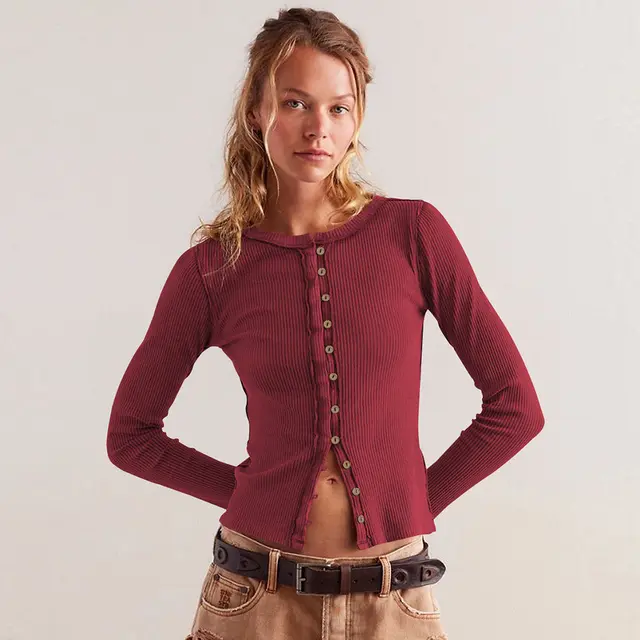 Round Neck Button Rib Solid Color Autumn And Winter Warm Cardigan Jacket For Women Wine Red - Shop at LoveMi