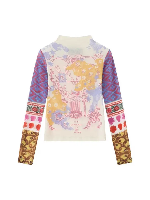 Top Graffiti Printing Contrast Color Mesh T shirt Women's Spring Colorful - Shop at LoveMi