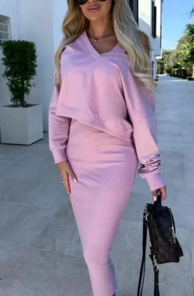European And American Women's Clothing Vest Skirt V neck Sweatshirt Sweater Set Pink - Shop at LoveMi
