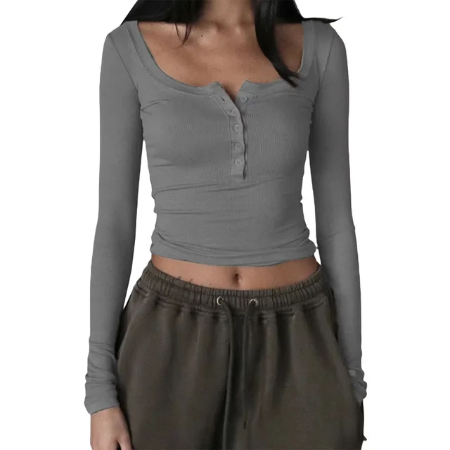 Scoop Clinch Bottoming Shirt Trendy Tight Top Gray - Shop at LoveMi