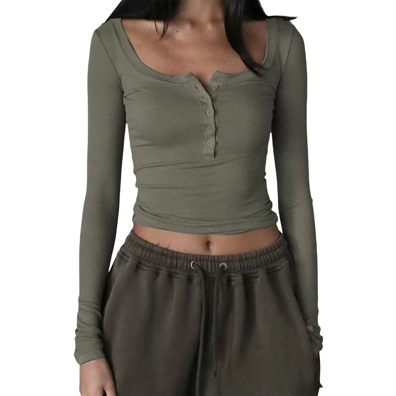 Scoop Clinch Bottoming Shirt Trendy Tight Top - Olive Green