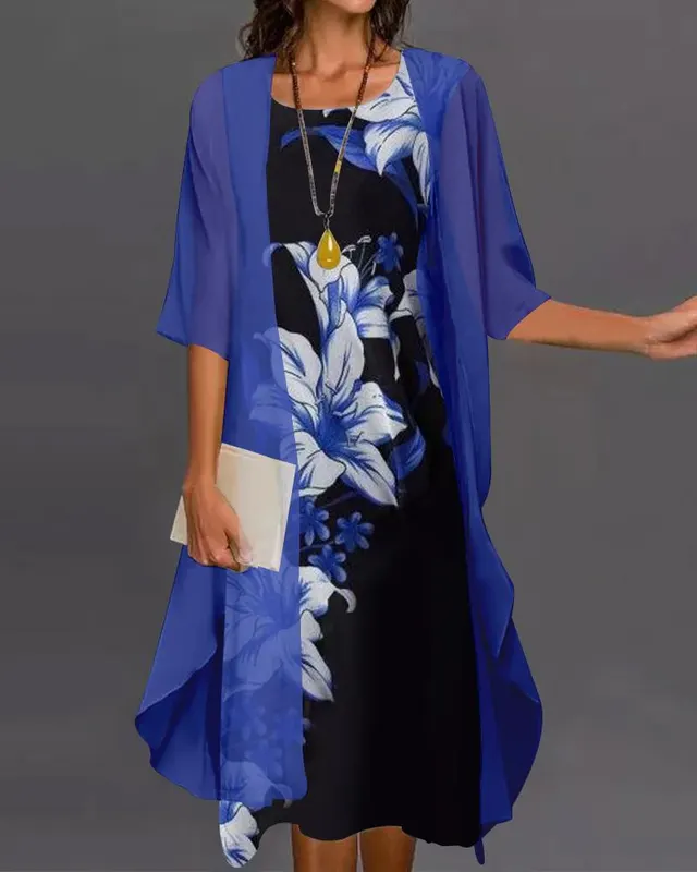 Two piece Floral Print Mid length Sleeves Long Dress Blue - Shop at LoveMi