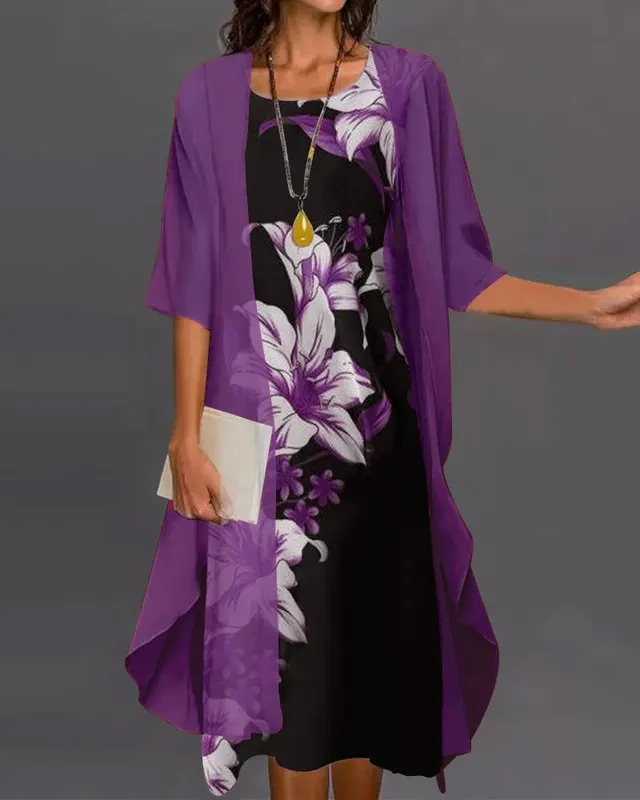 Two piece Floral Print Mid length Sleeves Long Dress Purple - Shop at LoveMi