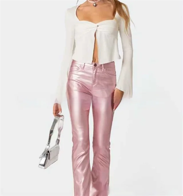 Women's Fashion Denim Leather Bell bottom Pants Lotus Root Color - Shop at LoveMi