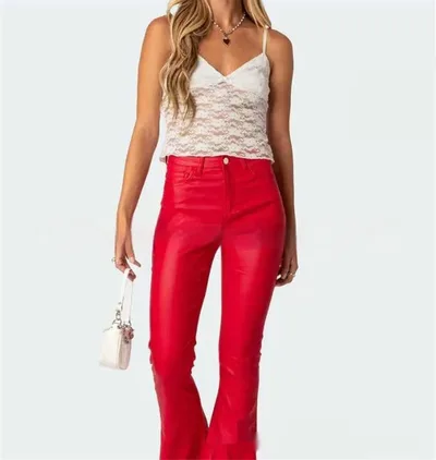 Women's Fashion Denim Leather Bell bottom Pants Scarlet - Shop at LoveMi