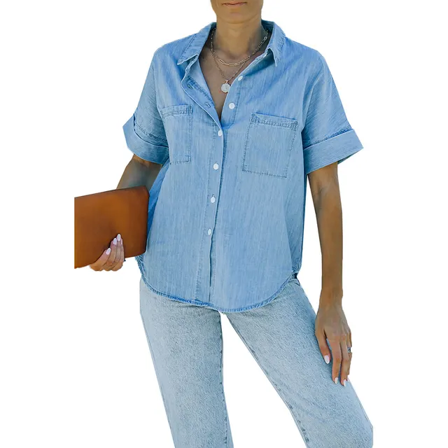 Casual All matching Lapel Solid Color Simple Shirt Lc255917 Light Blue - Shop at LoveMi