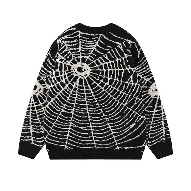 Dinified Hip Hop Niche Spider Web Jacquard Sweater Black - Shop at LoveMi