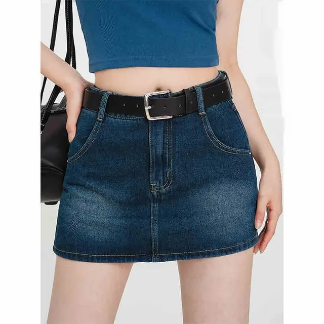 Retro A Line Denim Short Skirt Dark Blue - Shop at LoveMi