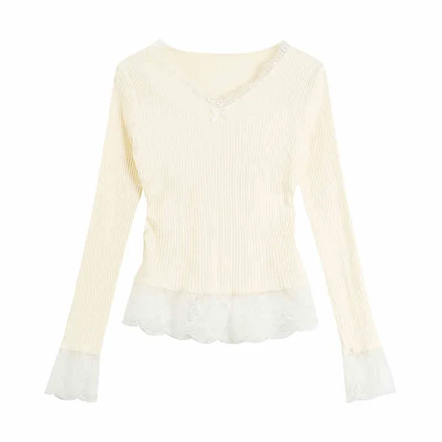 Fake Two Pieces V neck Stitching Lace Lace Knitwear Apricot - Shop at LoveMi
