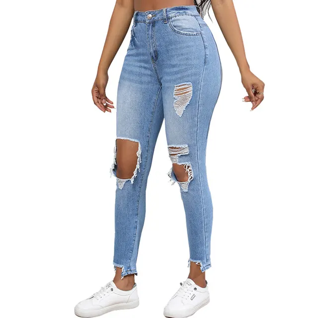 Water Washed Hole Slim High Waist Stretch Retro Denim Skinny Pants Women Blue - Shop at LoveMi
