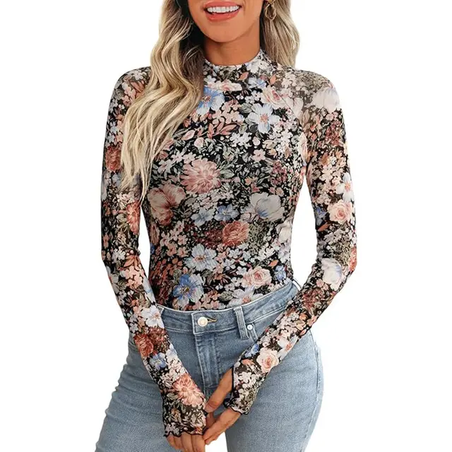 Floral Mesh Crew Neck Long Sleeve Mesh Top Black - Shop at LoveMi