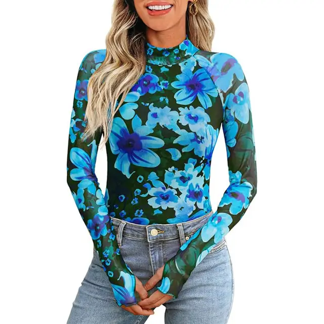 Floral Mesh Crew Neck Long Sleeve Mesh Top Blue - Shop at LoveMi