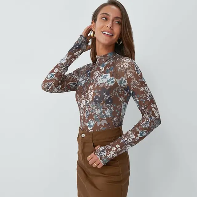 Floral Mesh Crew Neck Long Sleeve Mesh Top Floral Brown - Shop at LoveMi