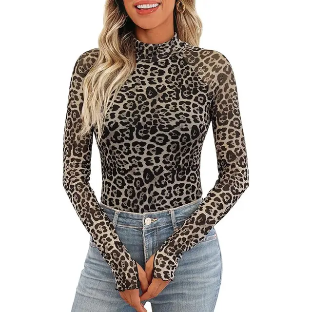 Floral Mesh Crew Neck Long Sleeve Mesh Top Leopard Print - Shop at LoveMi