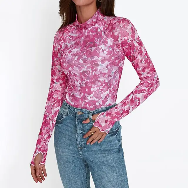 Floral Mesh Crew Neck Long Sleeve Mesh Top Red - Shop at LoveMi