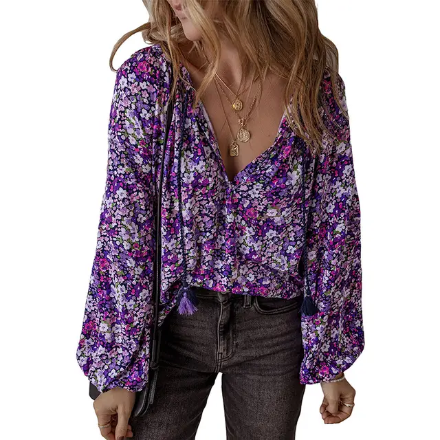 European And American Fashion Flower Printed V neck Pullover Chiffon Shirt Women Purple - Shop at LoveMi