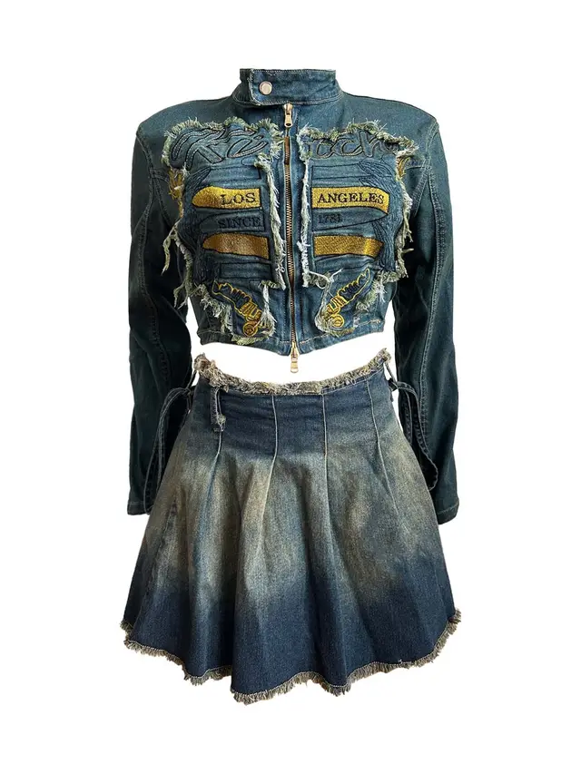Embroidered Top Pleated Skirt Suit Suit In Blue - Shop at LoveMi