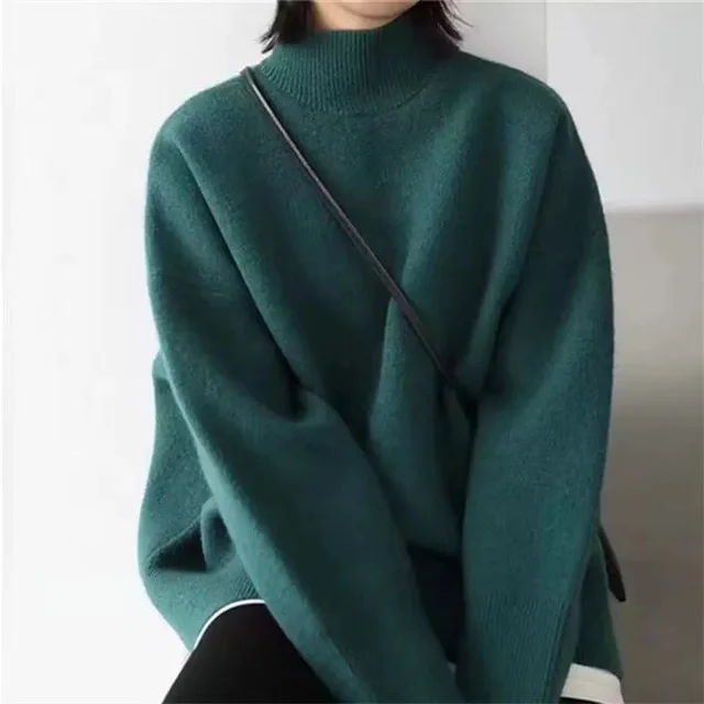 Loose Outer Wear Casual Mid length Round Neck Cashmere Thickened Sweater Dark Green - Shop at LoveMi