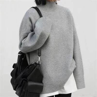 Loose Outer Wear Casual Mid length Round Neck Cashmere Thickened Sweater Gray - Shop at LoveMi