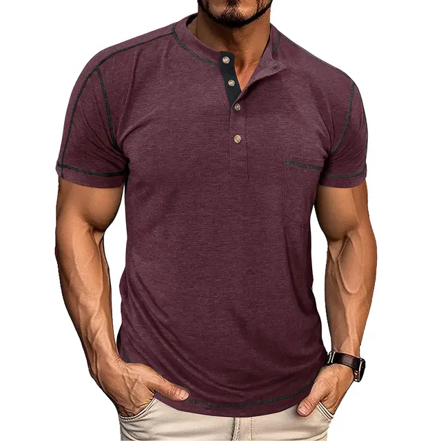 Men's Retro Short Sleeve T shirt Color block Crew Neck Wine Red - Shop at LoveMi
