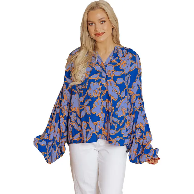 Fashion Floral Print Batwing Sleeve Shirt Women Lc2555791 Dark Blue - Shop at LoveMi