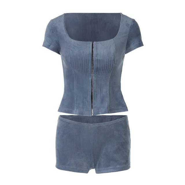 Hot Girl Slim fit Mid sleeve Solid Color Top Shorts Ladies Two piece Set Blue - Shop at LoveMi